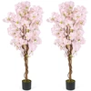 Image de CostwayLot de 2 Plantes Artificielles en Pot Pépinière 150CM avec 972 Fleurs Roses Fausse Cerisier avec Troncs en Bois Véritable Rose
