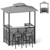 Image de CostwayGazebo de Gril 194 x 121 x 242 cm Ensemble de Bar de Patio 3 Pièces avec 2 Tabourets Table en Verre Trempé Étagères Métalliques Gris