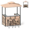 Image de CostwayGazebo de Gril 194 x 121 x 242 cm Ensemble de Bar de Patio 3 Pièces avec 2 Tabourets Table en Verre Trempé Étagères Métalliques Brun