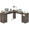 Image de CostwayBureau d'Ordinateur en Forme de L de 168 cm avec Prises de Courant Bureau Moderne avec 2 Tiroirs de Rangement Gris
