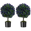 Image de CostwayLot de 2 Arbres de Buis Artificiel Topiaire 55 cm Boules de Roses Artificielles Violets avec Pot en Ciment Décorations Plantes