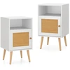 Image de CostwayLot de 2 Tables de Chevet avec à Porte Cannage et Pieds en Bois Massif Table de Nuit Bohême Fermeture Silencieuse 40x39x70cm Blanc