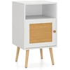 Image de CostwayTable de Chevet avec à Porte Cannage et Pieds en Bois Massif Table de Nuit Bohême Fermeture Silencieuse 40x39x70cm Blanc