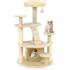 Image de CostwayArbre à Chat Multi-Niveaux avec Condo Perchoir Rembourré Poteaux à Gratter Boule en Peluche Suspendue Plates-formes de Saut Beige
