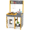 Image de CostwayCuisine pour Enfants avec Réchauds Évier Amovible Robinet Four Crochets Suspendus & Étagères Ensemble de Jeu en Bois pour 3+ Gris + Jaune