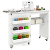 Image de CostwayTable de couture pliable Station de bricolage roulante avec compartiment de rangement 3 conteneurs cachés Table de couture mobile 118,5 x 40 x 79,5 cm Blanc