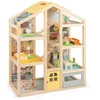 Image de CostwayMaison de Poupées pour Enfants 4 Couches Maison de Jeu avec Chambres Meubles & Figurines avec 24 Accessoires pour Fille de 3 Ans+ Naturel