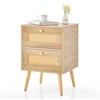 Image de CostwayTable de Chevet en Rotin Table de Nuit Bohème avec 2 Tiroirs de Rangement Table D'appoint Moderne Du Milieu Du Siècle Pieds Naturel
