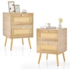 Image de CostwayLot de 2 Tables de Chevet en Rotin Table de Nuit Bohème avec 2 Tiroirs de Rangement Table D'appoint Moderne Du Milieu Du Siècle Pieds Naturel