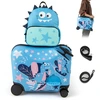 Image de CostwayEnsemble de Valise 18  et Sac à Dos 12  pour Enfants Valise à Roulettes avec Corde pour Tirer et Éviter La Perte Sangle de Transport Bleu