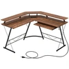 Image de CostwayBureau d’Angle Prise de Courant Station de Travail de 130 Cm Support d’Écran Plateau pour Clavier Crochet Bureau Ergonomique Marron