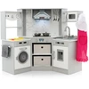 Image de CostwayCuisine de Jeu en Bois pour Enfants Cuisine d'Angle avec Lumières et Sons Réalistes Hotte Éclairée Distributeur d'Eau Machine à Laver Gris