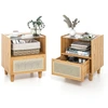 Image de CostwayLot de 2 Tables de Chevet en Rotin de Bambou Tables de Chevet Bohème Tiroir et Pieds en Bois Massif Table D'appoint Espace de Rangement Caché Naturel