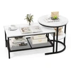 Image de CostwayLot de 2 Tables Basses Gigognes Scandinaves Table d'Appoint Imprimée Marbre Cadre en Métal Doré Repose-pieds Réglables Noir