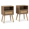 Image de CostwayLot de 2 Tables de Chevet en Rotin Petite Table d'Appoint avec Tiroir 2 Tables de Nuit en Bois Table d'Appoint Compacte Multifonctionnelle Naturel