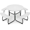 Image de CostwayEnsemble Table de Pique-nique avec 4 Bancs Intégrés Table de Pique-nique Circulaire 135KG Trou pour Parasol 190 x 76 cm Matériau HDPE Blanc
