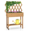 Image de CostwayLit de Jardin Sur ©lev © en Bois avec Treillis Etag ¨re de Rangement Jardini ¨re Sur ©lev ©e avec Roues Verrouillables Doublure en Tissu Naturel