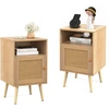 Image de CostwayLot de 2 Tables de Chevet avec à Porte Cannage et Pieds en Bois Massif Table de Nuit Bohême Fermeture Silencieuse 40x39x70cm Naturelle
