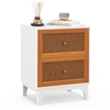Image de CostwayTable de Chevet en Rotin Naturel Table d'Appoint Bohème avec 2 Tiroirs Décorés en Rotin Tissé à la Main Table de Nuit avec Pieds Blanc