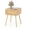 Image de CostwayTable de Chevet en Rotin Table de Nuit Bois avec Tiroir et 4 Pieds en Pin Chevet de Lit pour Chambre Salon Style Naturel 40 x 40 x 55 cm