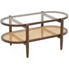 Image de CostwayTable Basse Ovale en Verre Trempé avec Cadre en Bois d'Acacia Table de Salon 2 Niveaux avec Étagère Ouverte en Rotin PE Marron