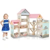 Image de CostwayMaison de Poupée d'Angle en Bois au Toit Rose 41 Meubles et Accessoires 3 Etages 6 Chambres pour Enfants de 3 Ans et Plus Rose