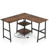 Image de CostwayBureau en Forme de  L’ avec Prises de Courant et Ports USB Bureau d'Angle de 120cm Etagères de Rangement Cadre en Métal Marron Rustique
