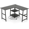 Image de CostwayBureau en Forme de  L’ avec Prises de Courant et Ports USB Bureau d'Angle de 120cm Etagères de Rangement Cadre en Métal Noir
