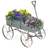 Image de CostwayBrouette Décorative en Bois avec 2 Compartiments à Planter Roues Métalliques Poignée Charge 15kg pour Cour Gris
