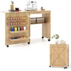Image de CostwayTable de Couture Pliante Etagère 2 Bacs et 18 Crochets Armoire de Couture à Porte de Grange 5 Roues Verrouillables Naturel