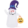 Image de CostwayDécoration d’Halloween Gonflable 180cm Fantôme Mignon avec Lanterne Citrouille Chapeau de Sorcier 5 Lumières LED à Intensité Variable Blanc