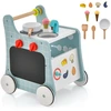 Image de CostwayPoussette en Bois 6 en 1 pour Bébé Centre d'Activités d'Apprentissage Cuisine de Jeu Horloge Pédagogique Curseur Mobile et Assorti Bleu