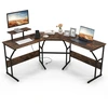 Image de CostwayBureau en Forme de  L’ avec Prises de Courant Bureau d'Angle avec Support d'Ecran Amovible Poste de Travail de 225cm de Long Marron Rustique