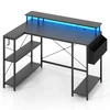 Image de CostwayBureau de Jeu d’Angle 120 cm avec Lumières LED et Prises de Courant Etagères de Rangement et Support d’Ecran Noir