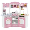 Image de CostwayCuisine de Jeu d'Angle en Bois avec Lumières et Sons Machine à Café Micro-Ondes Four Machine à Laver pour 3+ ans Rose