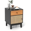 Image de CostwayTable de Chevet en Rotin Table de Nuit Moderne du Milieu Du Siècle Tiroir de Rangement et Armoire Noir et Marron