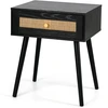 Image de CostwayTable de Nuit en Rotin avec Rangement Table de Chevet Bohème avec un Tiroir et Pieds en Bois Massif Table d'Appoint en Bois Noir
