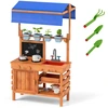 Image de CostwayCuisine de Boue en Bois pour Jeu de Rôle avec Auvent Réglable en Hauteur Tableau Noir Tasses de Plantation Plaques de Cuisson 135x77x52cm Naturel