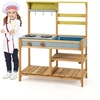 Image de CostwayCuisine de Boue en Bois de Sapin avec Cuisinières Boutons et Évier Aire de Jeu avec Crochets Suspendus et Étagères de Rangement Naturel
