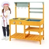Image de CostwayCuisine de Boue en Bois de Sapin avec Cuisinières Boutons et Évier Aire de Jeu avec Crochets Suspendus et Étagères de Rangement Jaune