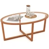 Image de CostwayTable Basse en Verre Trempé Table Centrale de Salon Ovale Moderne avec Base Croisée et Pieds en Bois d'Acacia Marron