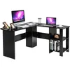 Image de Giantex Bureau en Forme de L, Bureau d'angle avec Étagères de Rangement à 2 Niveaux, 2 Passe-câbles et Coussinets Antidérapants, 130 x 130 x 72,5 cm, Noir