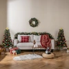 Image de CostwayLot de 2 Arbres d'Entrée avec Guirlande et Couronne Ensemble de 4 Sapins de Noël en Pot avec Pommes de Pin Baies Rouges Givrée Vert