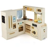 Image de CostwayCuisine d'Angle avec Lumières&Sons Cuisine de Jeu en Bois avec Réfrigérateur à Double Porte Machine à Glaçons Micro-ondes pour 3+ Ans Beige