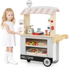 Image de CostwayEpicerie Enfant en Bois avec 30 PCS Accessoires Marchande avec Auvent Supérieur & Poignée de Poussée Motif d’Aliments Mignons 3 Ans+ Noir