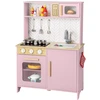 Image de CostwayCuisine de Jeu en Bois pour Enfants Lumières Sons Micro-Ondes Cuisinières Evier Four et Accessoires de Cuisine pour les 3+ Ans Rose