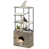 Image de CostwayArbre à Chat avec Enclos pour Litière Meuble Moderne pour Chat avec 2 Poteaux à Gratter et 3 Tapis Structure en Métal Balle Suspendue Gris