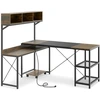 Image de CostwayBureau d'Ordinateur en Forme de L avec Prises   lectriques Table d'Angle avec   tag ¨re de Rangement Compartiments   tag ¨res Marron Rustique