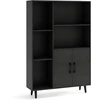 Image de CostwayBibliothèque avec Portes Doubles et 5 Compartiments Ouverts et Armoire de Rangement Vitrine Moderne avec Pieds En Métal Rangement Noir