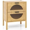Image de CostwayTable de Chevet en Bambou Table de Chevet Style Mid-Century Moderne avec 2 Tiroirs de rangement et en Verre Trempé Cannelé Naturel